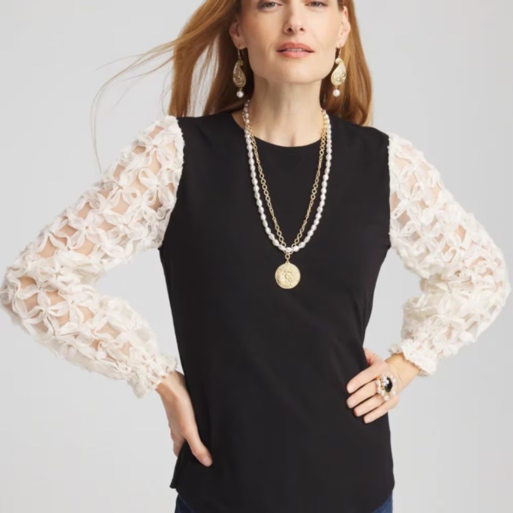 Chico's Applique Mesh Sleeve Top